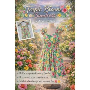 Blu Pepper Tropic Bloom Sundress Green Pink Floral Ruffle Strap Smocked Small